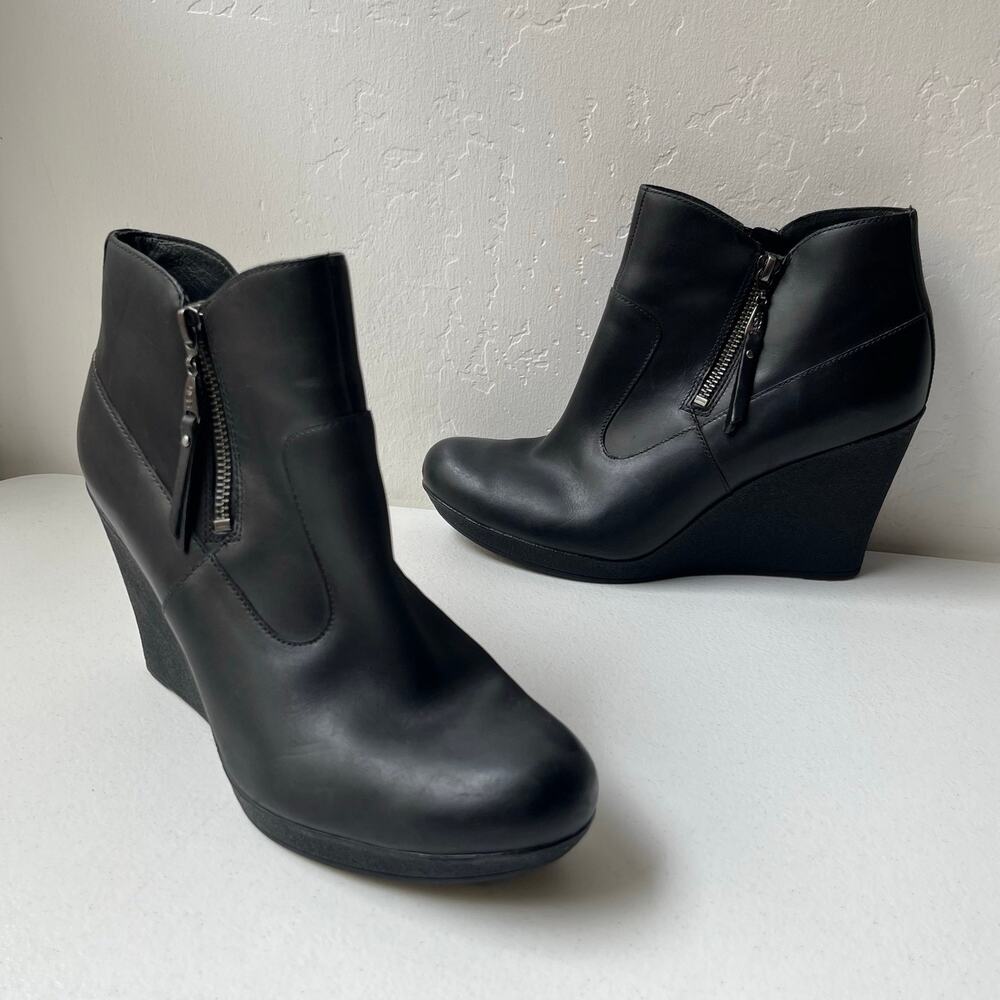 Ugg Australia Meredith Leather Wedge Ankle Boots Size 10 Black Shearling Booties